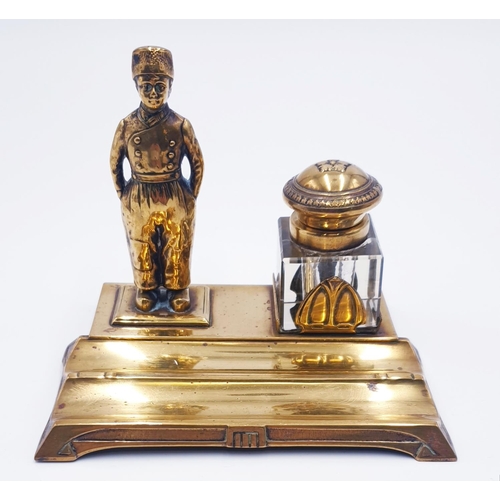 435 - BRASS ART DECO/ART NOUVEAU BELL BOY 13cm x 9cm INKWELL And PEN REST