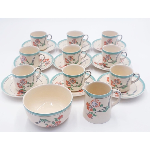 76 - NEWHALL POTTERY ART DECO CUPS And SAUCERS (9) Plus CREAM & SUGAR