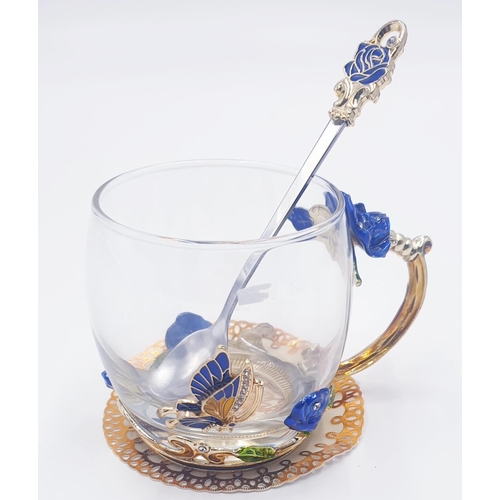 85 - BLUE ENAMEL BUTTERFLY CUP SPOON MAT