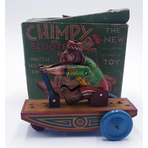 529 - TIN PLATE 14cm x 11.5cm MECHANICAL TOY 'CHIMPY ON SCOOTER'  (Original Box, Working When Photographed... 