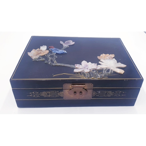 554 - ORIENTAL JADE TOPPED 34cm x 24cm JEWELLERY BOX With CONTENTS