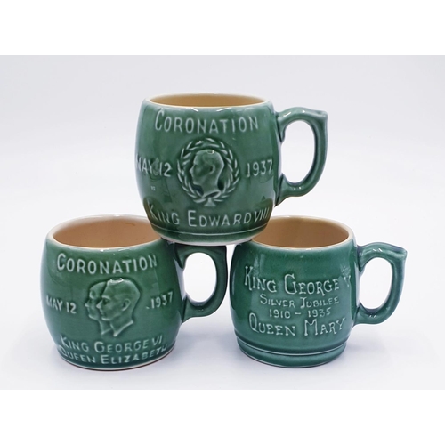 574 - BOURNE DENBY GREEN GLAZED CORONATION MUGS (3) (Rare) To Include Edward VIII