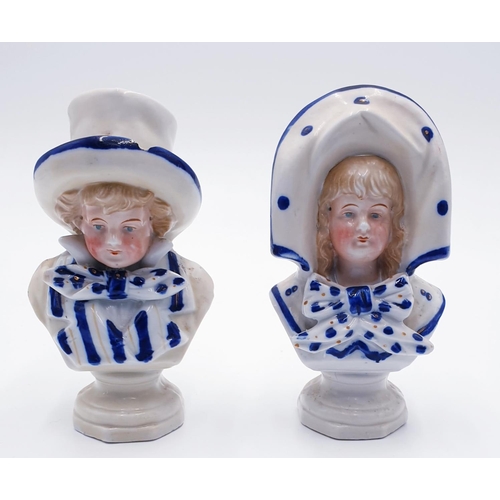 591 - STAFFORDSHIRE BLUE/WHITE BUSTS OF A BOY And GIRL  (Rare) (With Faults)