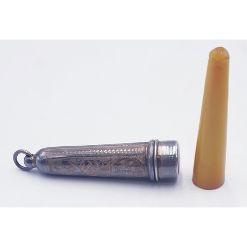 607 - SILVER (Hallmarked For Birmingham 1917) CASE HOLDING AN AMBER CHEROOT HOLDER