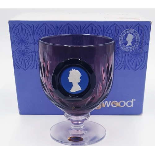 688 - WEDGWOOD AMETHYST / CLEAR GLASS  GOBLET With BLUE/WHITE JASPER WARE CAMEO PORTRAIT OF HRM QUEEN ELIZ... 