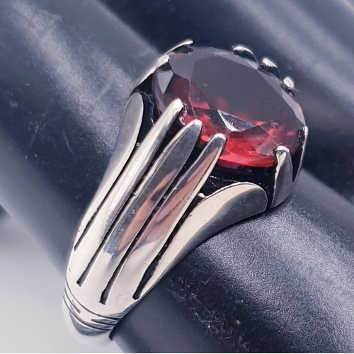 721 - STERLING SILVER/ RED STONE SOLITAIRE GYPSY  GENTS SIGNET RING  (Size V-W , Total Weight 6.4 Grams)