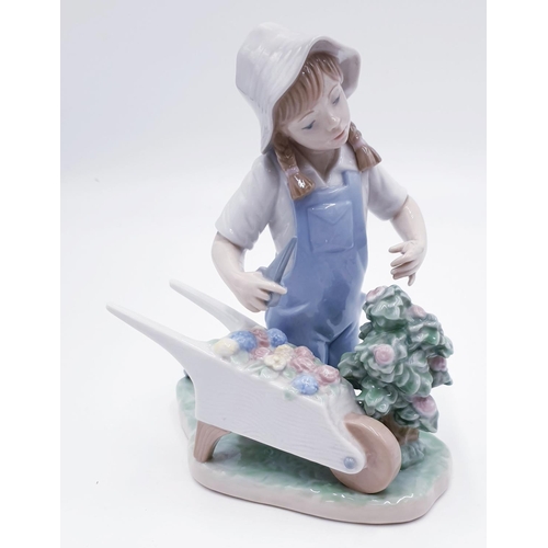 756 - LLADRO (Nao) PORCELAIN  CHARACTER FIGURINE OF A YOUNG LADY GARDENER WITH WHEELBARROW And PRUNING THE... 