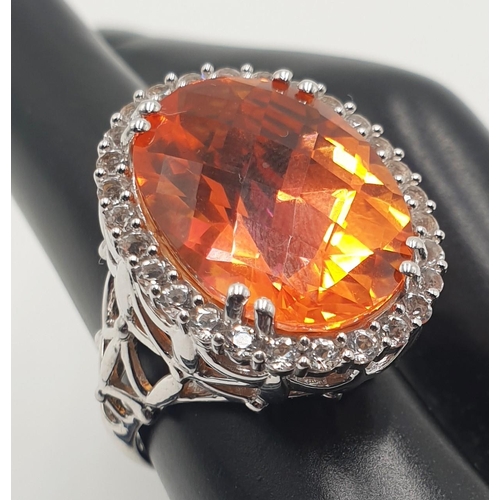 841 - SILVER (Hallmarked) / Large ORANGE STONE SET DRESS RING (Possibly With Swarovski Crystals)  (Size Q ... 