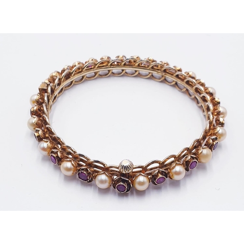 877 - SILVER GILT / REAL PEARL ,AMBER & AMETHYST STONE SET BANGLE c1910/20 (Boxed)