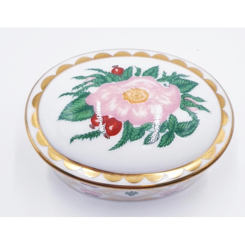 891 - ROYAL CROWN DERBY CHINA 9cm x 6.5cm OVAL TRINKET POT IN THE WILD ROSE DESIGN