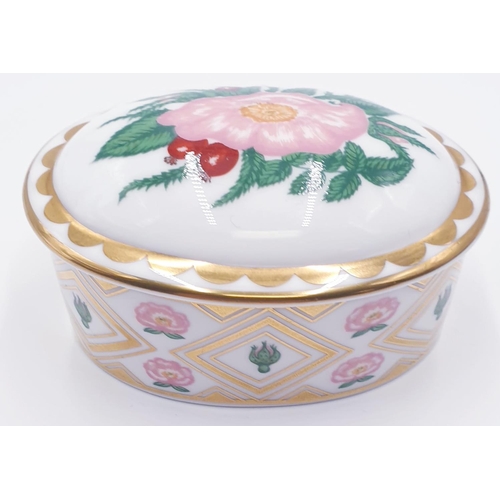 891 - ROYAL CROWN DERBY CHINA 9cm x 6.5cm OVAL TRINKET POT IN THE WILD ROSE DESIGN