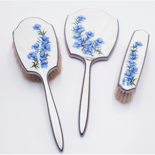 927 - GUILLOCHE ENAMEL FLOWERS BRUSH Plus HAND MIRROR SET