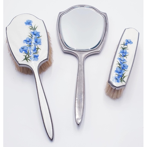 927 - GUILLOCHE ENAMEL FLOWERS BRUSH Plus HAND MIRROR SET