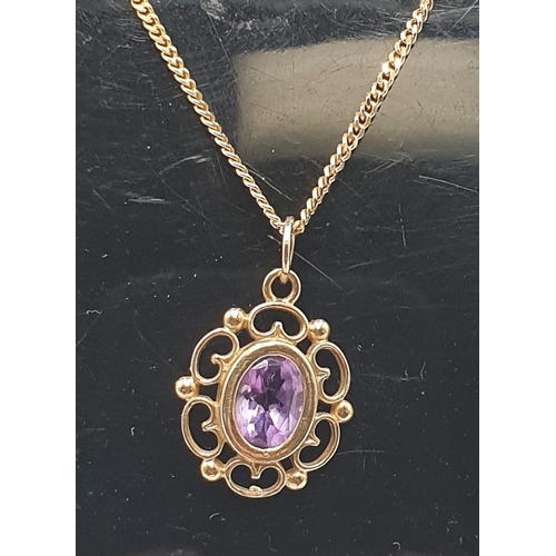 928 - 9ct GOLD / AMETHYST STONE SET  PENDANT ON A 9ct GOLD 40cm NECK CHAIN (Total Weight 3 Grams)