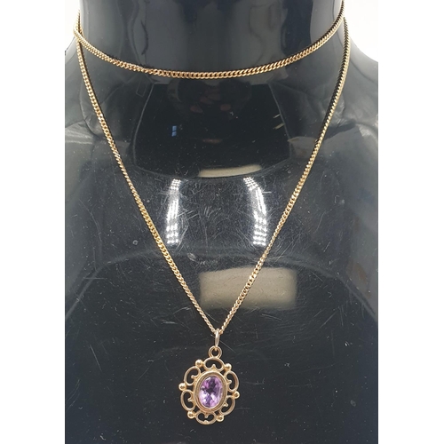 928 - 9ct GOLD / AMETHYST STONE SET  PENDANT ON A 9ct GOLD 40cm NECK CHAIN (Total Weight 3 Grams)