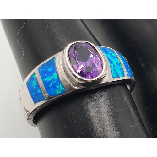 850 - STERLING SILVER (925) / AMETHYST & OPAL LADIES RING  (Size N , Total Weight 4.16 Grams)