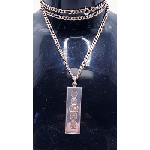 873 - SOLID SILVER OBLONG INGOT ON A STERLING SILVER 61cm CURB CHAIN (Fully Hallmarked For Sheffield 1977)... 