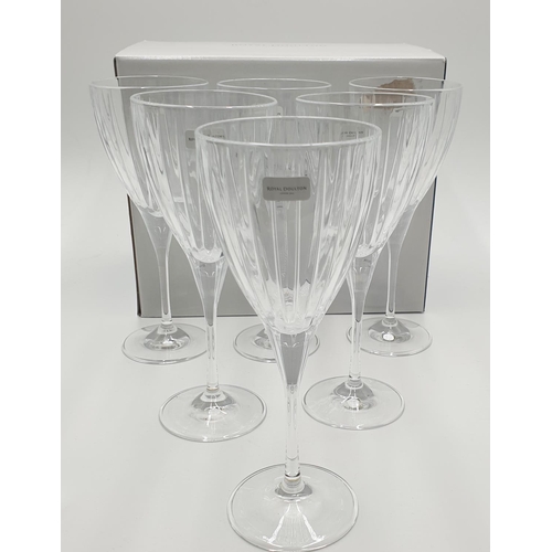 974 - ROYAL DOULTON CRYSTAL (Boxed Set Of Six) WINE GLASSES IN THE LINEAR DESIGN (As New,Unused)