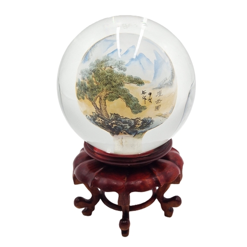 101 - CHINESE (Hand Painted) HEAVY GLASS BALL ON WOODEN STAND Signed