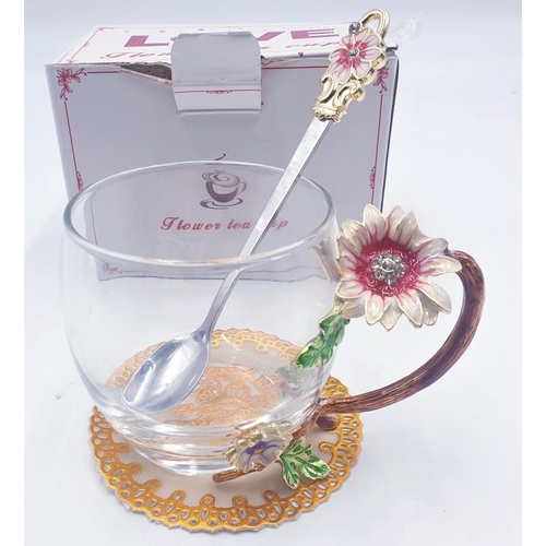 97 - GLASS/ENAMEL TEA CUP-SPOON -COASTER  (Original Box)