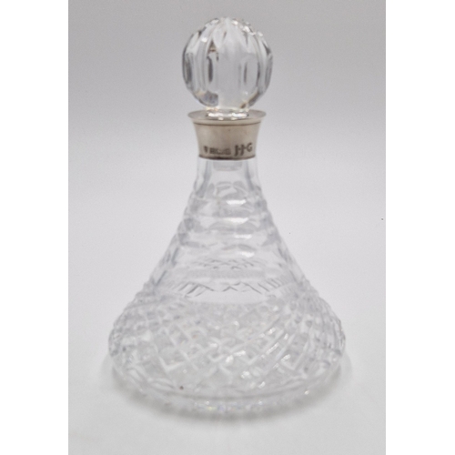 109 - GLASS 17cm SHIPS DECANTER With SILVER (Hallmarked For Birmingham) COLLAR