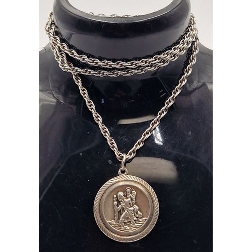 110 - SILVER (Hallmarked) ST CHRISTOPHER PENDANT By Georg Jenson ON A STERLING SILVER 56cm ROPE CHAIN (Tot... 