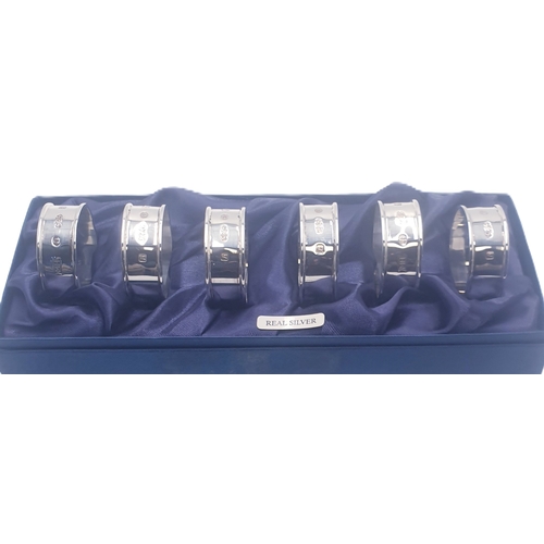 170 - SILVER (Hallmarked) (Boxed Set Of Six) NAPKIN RINGS (Total Weight 85.0 Grams)