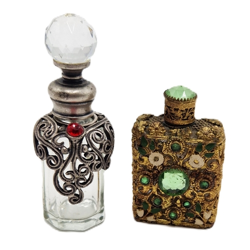 178 - CZECHOSLOVAKIAN GILT & JEWELLED SCENT BOTTLE (Old) TOGETHER WITH A GLASS & PEWTER SCENT BOTTLE