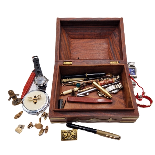 183 - MAHOGANY & BRASS BOX CONTAINING A Qty Of PENS, YELLOW METAL MECHANICAL PENCILS, BONE & YELLOW METAL ... 