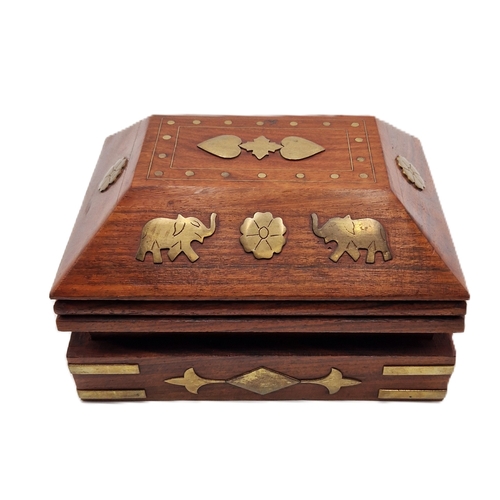 183 - MAHOGANY & BRASS BOX CONTAINING A Qty Of PENS, YELLOW METAL MECHANICAL PENCILS, BONE & YELLOW METAL ... 