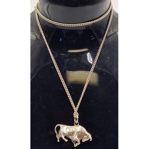 253 - SOLID SILVER (Fully Hallmarked) BULL PENDANT c1972 ON A STERLING SILVER 46cm NECK CHAIN (Makers Init... 