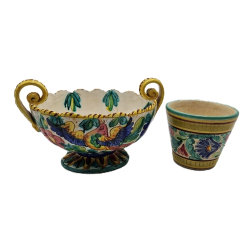 625 - ITALIAN PAMONO POTTERY TWIN HANDLED VASE Plus A PLANT POT SHAPED PAMONO VASE