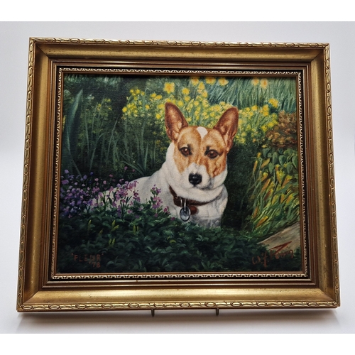 632 - OIL ON CANVAS OF A JACK RUSSELL With FLORAL BACKGROUND  By Known Artist W.F. Perrin (Overall Length ... 