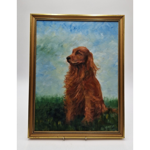 634 - OIL ON BOARD DEPICTING SEATED RED SETTER  Signed E.Andrew (Overall Width  33.5cm x 43.5cm Height)