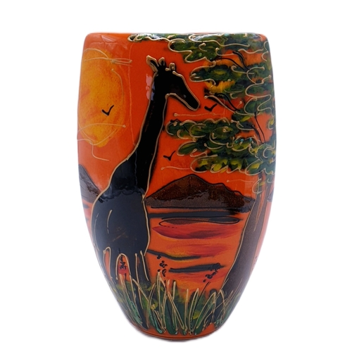 701 - ANITA HARRIS ART POTTERY 19cm SAVANNA /ENAMEL TRIANGULAR VASE Signed In Gold By Anita Harris