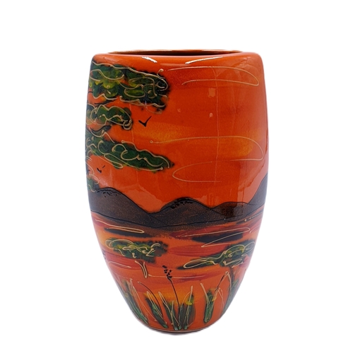 701 - ANITA HARRIS ART POTTERY 19cm SAVANNA /ENAMEL TRIANGULAR VASE Signed In Gold By Anita Harris