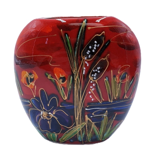 702 - ANITA HARRIS ART POTTERY 12cm PURSE VASE IN THE BEEBROOK FLOWERS & BULLRUSH DESIGN  Signed In Gold B... 