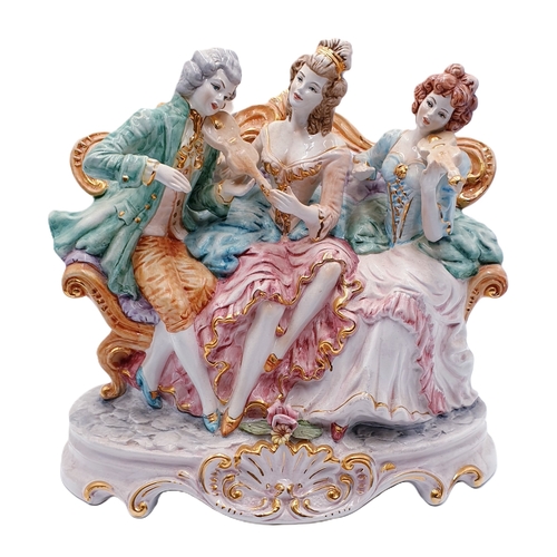 703 - CAPODIMONTE Extra Large 40cm x 37cm THREE FIGURINE TABLEAU. (Slight Damage To Flowers) (Please Note ... 