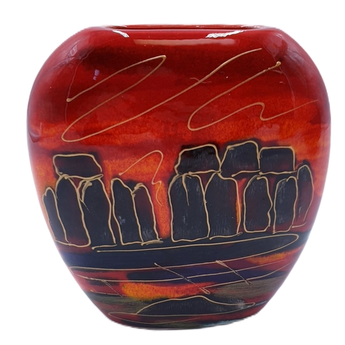 715 - ANITA HARRIS ART POTTERY 12cm PURSE VASE IN THE STONEHENGE DESIGN Signed In Gold By Anita Harris