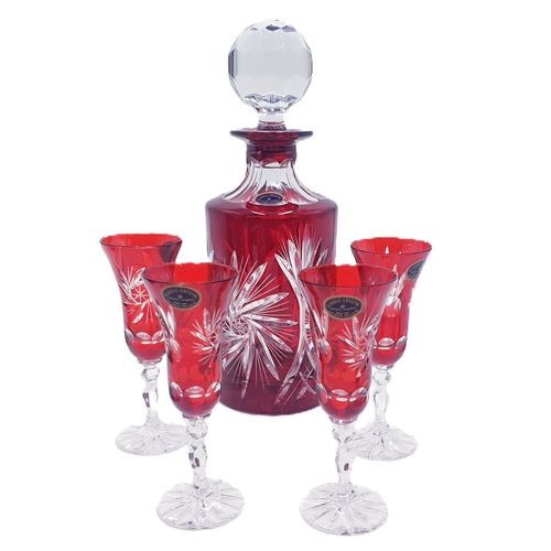 9 - CLASSIC CRYSTAL CRANBERRY /CLEAR CUT GLASS SQUARE DECANTER Plus FOUR CRANBERRY/CLEAR CUT GLASS WINE ... 