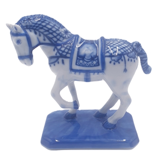 71 - DELFT PORCELAIN 13cm x 12cm BLUE & WHITE MODEL OF A HORSE