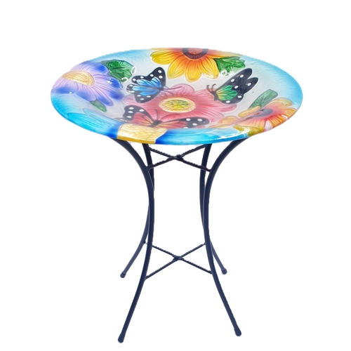 130 - GLASS 36cm Dia  BUTTERFLY / FLOWER DESIGN  BIRD BATH ON METAL 46cm LEGS