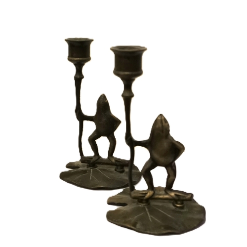 623 - METAL /BRONZE 14.5cm FROG CANDLESTICKS (2)