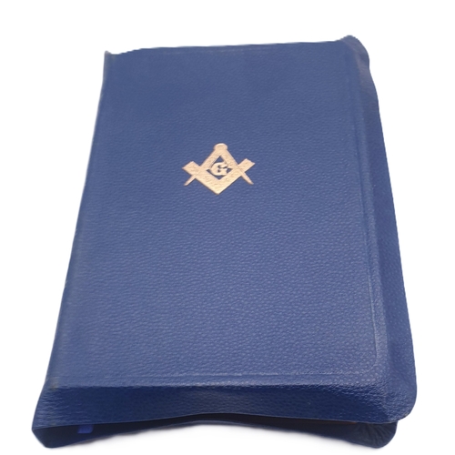 661 - MASONIC BLUE LEATHER BOUND HOLY BIBLE FREEMASONS AND THE BIBLE c1954