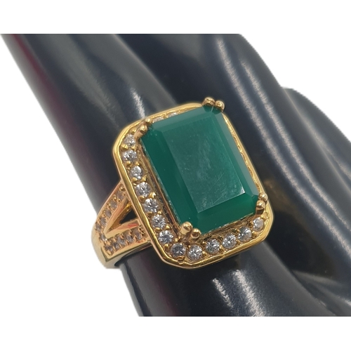 667 - SILVER GILT (925) / EMERALD CUT GREEN STONE SET RING (Size R-S ,Total Weight 9.1 Grams)