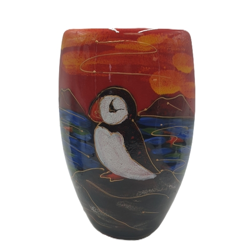 87 - ANITA HARRIS ART POTTERY Large 19cm TRIANGULAR VASE IN THE PUFFIN ISLAND DESIGN (Signed In Gold By A... 