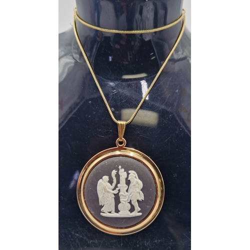 140E - WEDGWOOD BLACK JASPER / GOLD PENDANT ON A 40cm NECK CHAIN