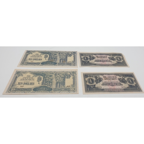 215 - BANKNOTES ---WWII MALAYA $10 DOLLARS (2) Plus ONE DOLLAR (2) JAPAN OCCUPATION A/UNC