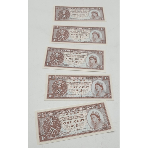 219 - BANKNOTES------ FIVE GOVERMENT OF HONG KONG ON CENT (All Uncirculated) (5)