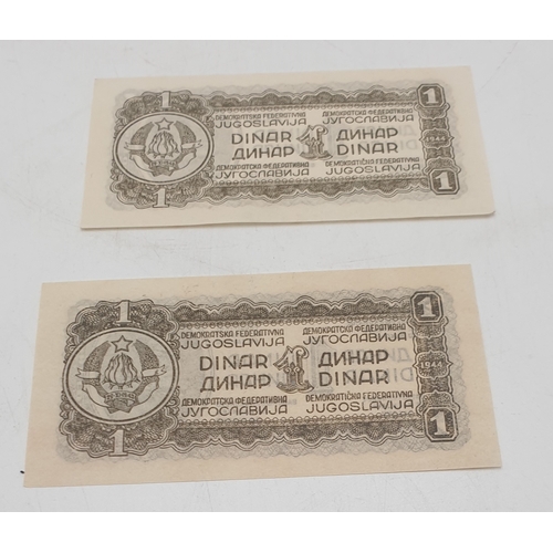 220 - BANKNOTES----WWII PAIR YUGOSLAVIA ONE DINAR 1944 PARTISAN MILIVOJ RODIC (Uncirculated) (2)